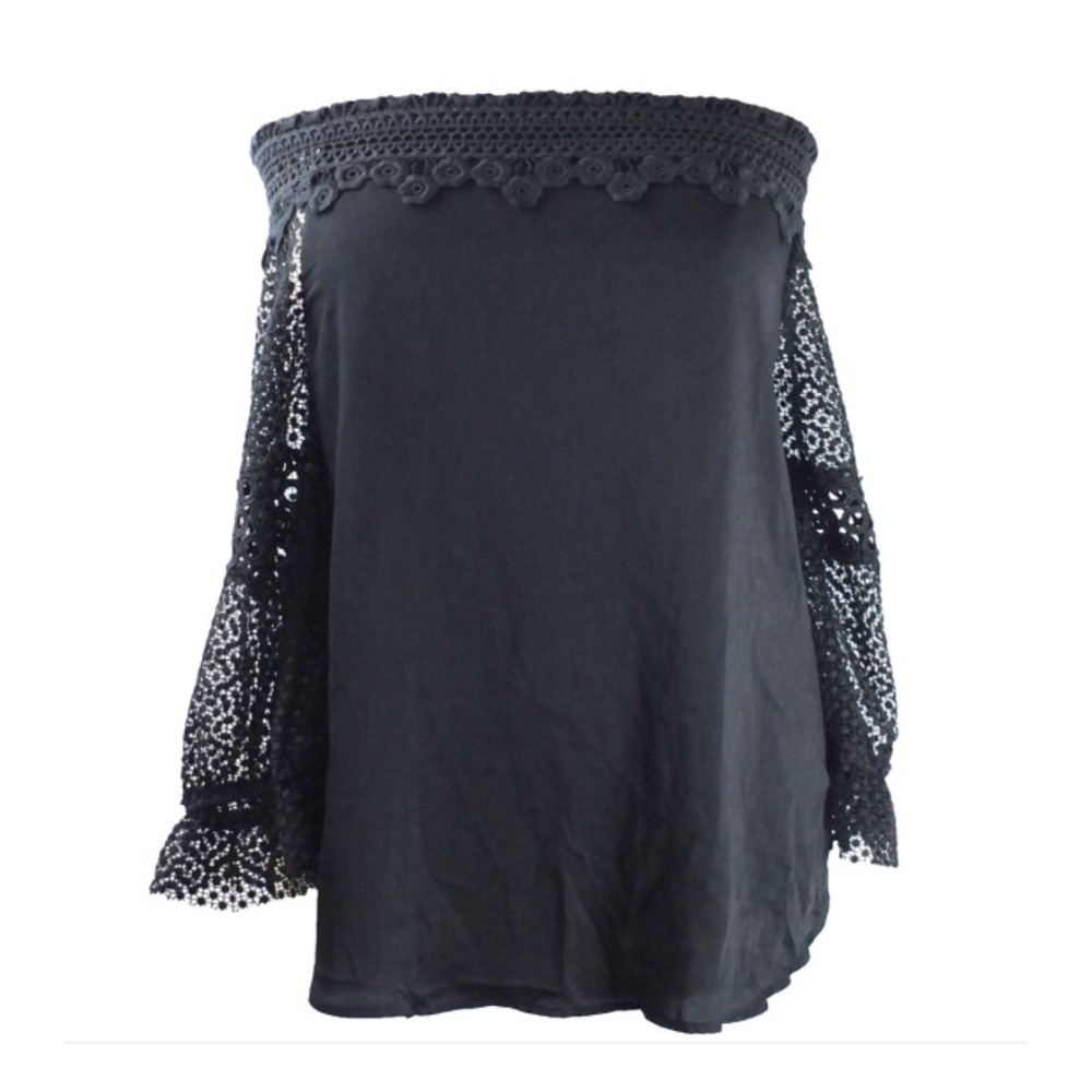 DENIM 24/7 Black SILKY SATIN Off-The-Shoulder CROCHET SLEEVE Blouse/Top Sz 30W